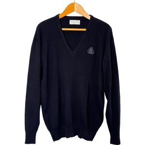 Men’s Vintage Izod Navy Blue V-Neck Crest Logo 100% Acrylic Pull Over Sweater L